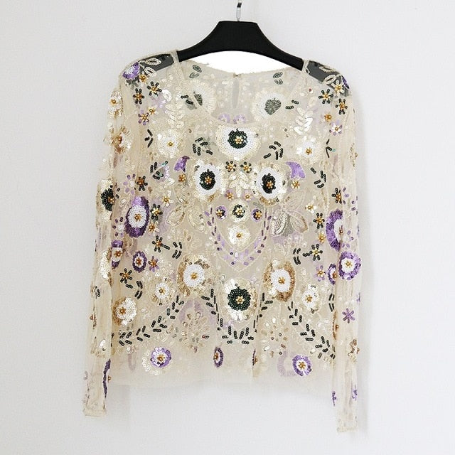 2019 Female Fashion Tops Sexy Party Beaded Sequin Blouses European Runway Style Long Sleeves Shiny Shirts Halloween Costumes