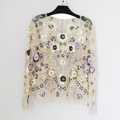 2019 Female Fashion Tops Sexy Party Beaded Sequin Blouses European Runway Style Long Sleeves Shiny Shirts Halloween Costumes
