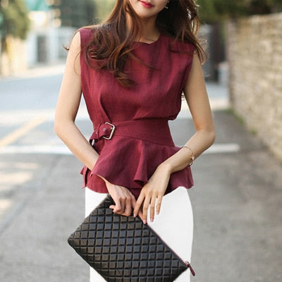 2019 High Quality Summer Women Fashion Shirts O-neck Sleeveless Belted Blouse Elegant cotton Linen Tops Femme Chemise Blusas