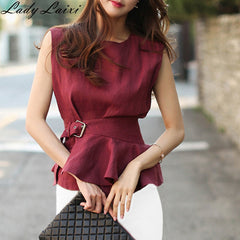 2019 High Quality Summer Women Fashion Shirts O-neck Sleeveless Belted Blouse Elegant cotton Linen Tops Femme Chemise Blusas