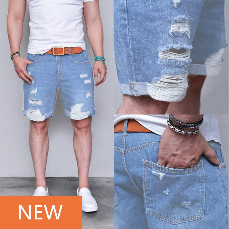 2019 Men's Summer Causal Denim Shorts Jeans Mens Loose Denim Breeches Destroyed Ripped Straight Short Trousers Homme De Marque
