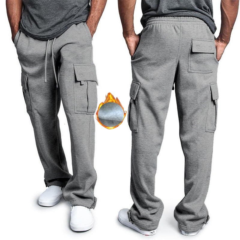 2019 Multi Pocket Winter Pants Men White Cargo Pants Fleece Hip Hop Grey Sweatpants Male  Causal Tactical Pants Homme Trousers