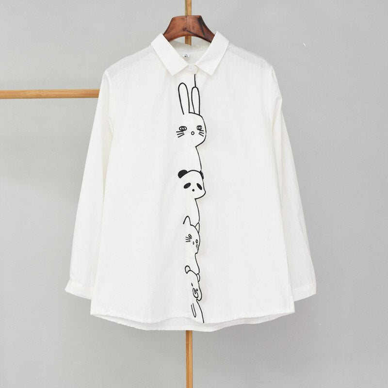 2019 NEW White Shirt Casual Wear Button Up Turn Down Collar Long Sleeve Cotton Blouse Embroidery Cartoon Feminina HOT Sale
