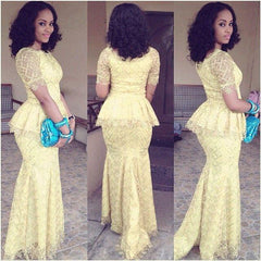 2019 New African Fashion Lace Evening Dresses Mermaid O Neck Floor Length Evening Gown Yellow Lace Elegant Nigeria Style Dress
