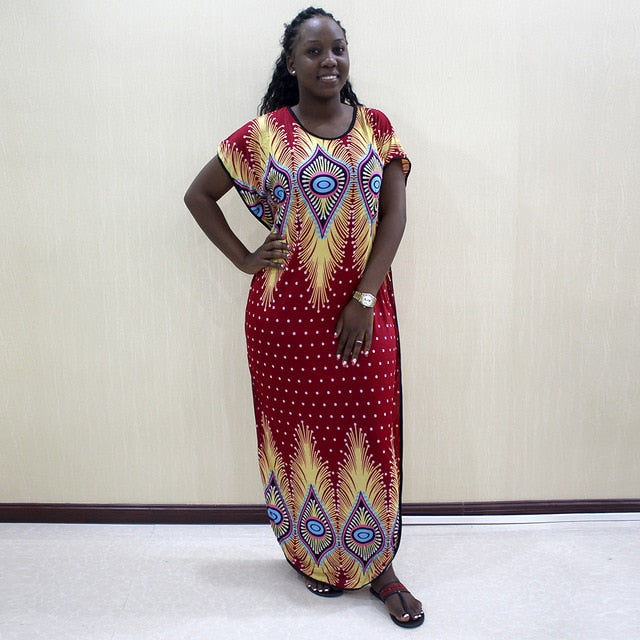 2019 New Fashion African Dashiki Traditional Print Maroon Color Short Sleeve Long Dress