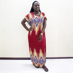 2019 New Fashion African Dashiki Traditional Print Maroon Color Short Sleeve Long Dress