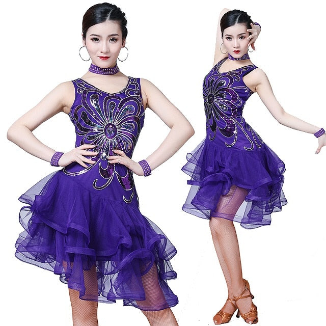2019 New Style Women Latin Salsa Dance Dress Sequin Bead Embroidery Dresses Girls Cha Cha Ballroom Party Competition Costume