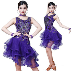 2019 New Style Women Latin Salsa Dance Dress Sequin Bead Embroidery Dresses Girls Cha Cha Ballroom Party Competition Costume