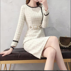 2019 New Tweed Dress Women Spring Vintage Wool Plaid Dresses Female Elegant Woolen Dress Ladies Office