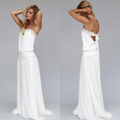 2019 New Unique Beach Wedding Dresses Cheap Dropped Waist Bohemian Strapless Backless Boho Bridal Gowns Lace Ribbon Custom Made