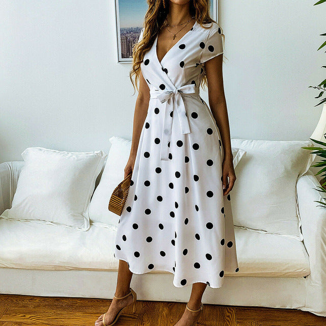 2019 New Women Dress Summer  Boho Short Sleeve V-neck Midi Dot Dress Evening Party Beach Dresses Sundress