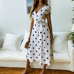 2019 New Women Dress Summer  Boho Short Sleeve V-neck Midi Dot Dress Evening Party Beach Dresses Sundress