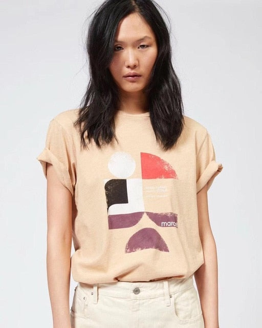 2019 New Women Summer Cotton T-shirt Geometry and Letter Print Short Sleeve Tshirt