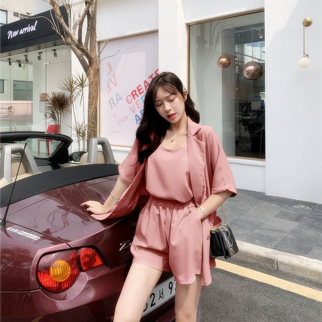 2019 New Women's sets Spring Summer 3 Pieces Suits Blazers+Camisole+Shorts Casual Solid Jackets+Shorts Women Suits Elastic Wasit