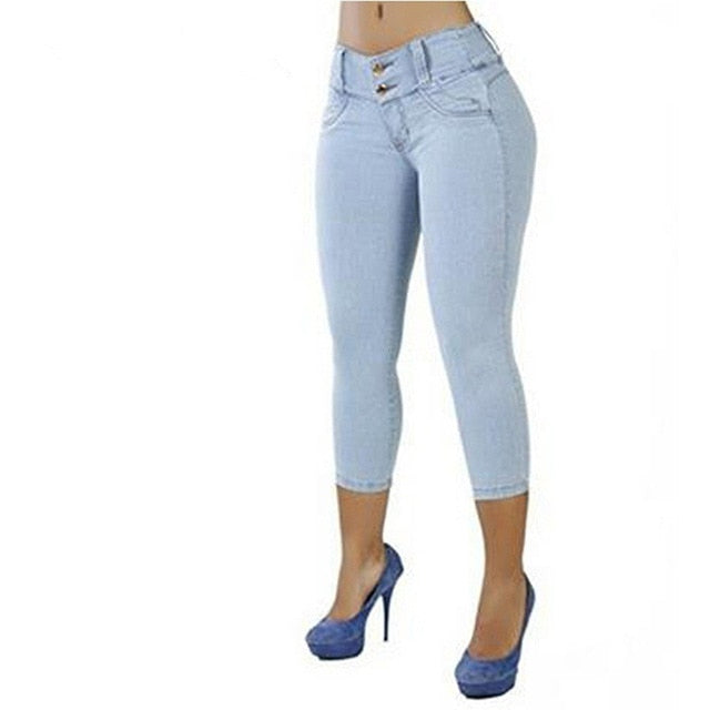 2019 Plus Size Women Sexy Casual Cropped Pants Solid Color Button Fly Waist Slim Trousers Breathable Elastic Pencil Pants