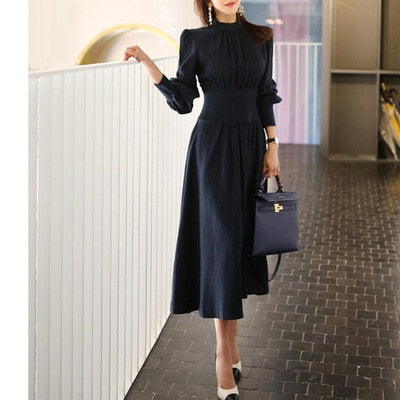 2019 Spring Solid A-line Dress Women Plus Size Navy Blue Full puff Sleeve Stand neck Casual Office Dress Elegant Work Dresses