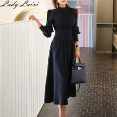 2019 Spring Solid A-line Dress Women Plus Size Navy Blue Full puff Sleeve Stand neck Casual Office Dress Elegant Work Dresses