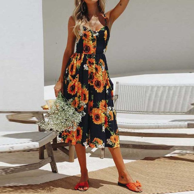 2019 Summer Beach Dress Woman Dress Plus Size Women Midi Floral Sunflower Dress Striped Ladies Backless Party Dress Female 3XL