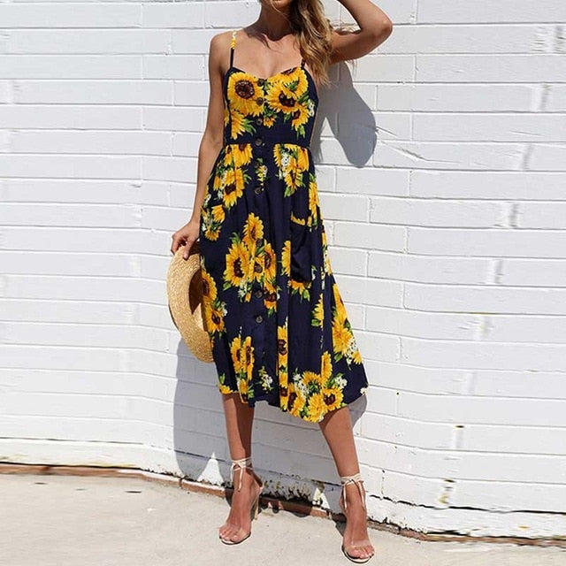 2019 Summer Beach Dress Woman Dress Plus Size Women Midi Floral Sunflower Dress Striped Ladies Backless Party Dress Female 3XL