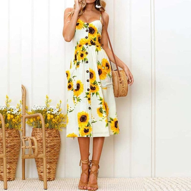 2019 Summer Beach Dress Woman Dress Plus Size Women Midi Floral Sunflower Dress Striped Ladies Backless Party Dress Female 3XL
