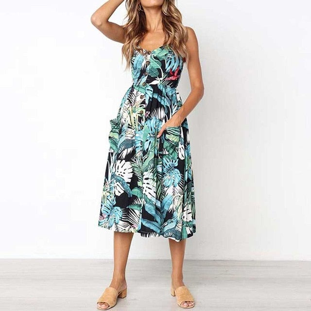 2019 Summer Beach Dress Woman Dress Plus Size Women Midi Floral Sunflower Dress Striped Ladies Backless Party Dress Female 3XL
