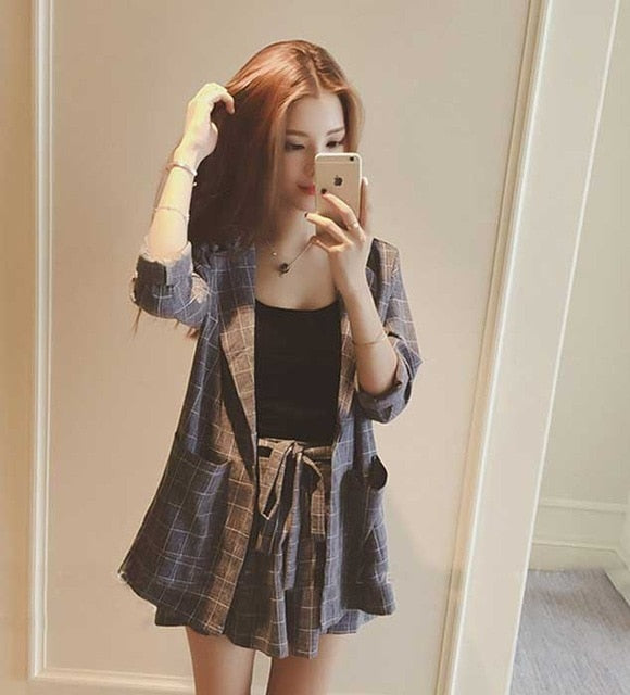 2019 Summer Casual Plaid Short Pant Suits 2 Piece Set Women's Single Button Pocket Lace Up Bow Notched Female Hot Sale S95514Z