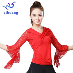 2019 Summer New Women Waltz Ballroom Dance Tops Modern Standard Tango Latin Dancewear Party Performance Blouses Lace Bell Sleeve