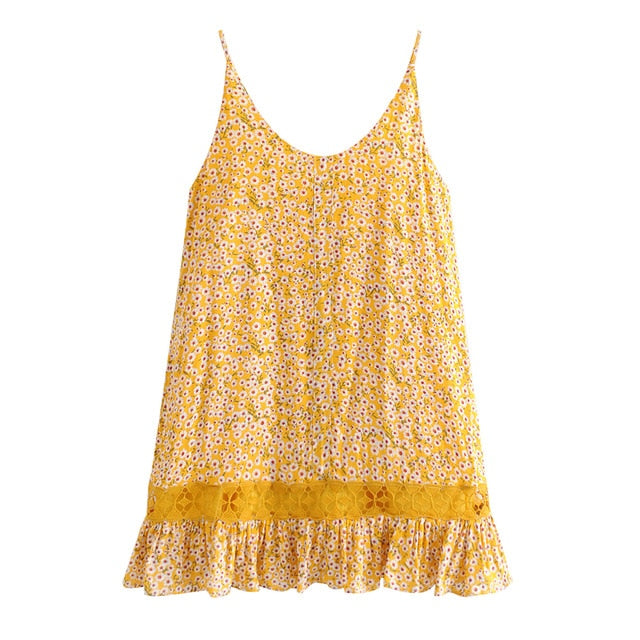 2019 Summer Strappy Mini Dress Sexy Low Back Women Yellow Floral Print Lace Boho chic Beach Holiday Party Dresses Vestidos