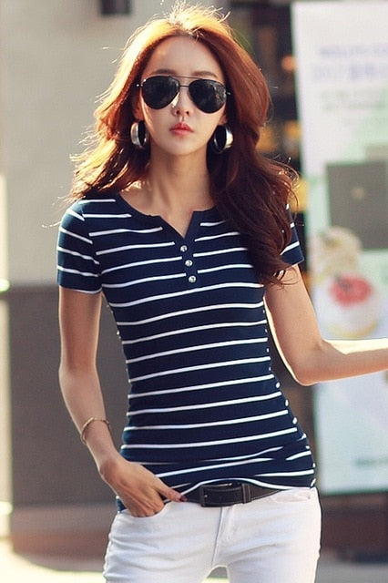 2019 Summer Top Shirts V-neck T Shirt Women Short Sleeve Casual tshirts White Strip T-Shirt Plus Size Cotton Tee Shirt  3188 50
