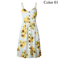2019 Summer Women Button Decorated Print Dress Off-shoulder Party Beach Sundress Boho Spaghetti Long Dresses Plus Size FICUSRONG