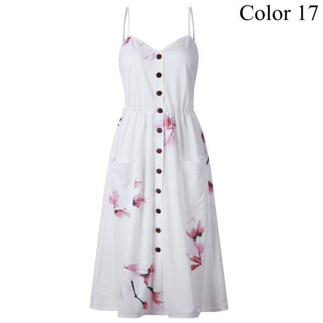2019 Summer Women Button Decorated Print Dress Off-shoulder Party Beach Sundress Boho Spaghetti Long Dresses Plus Size FICUSRONG
