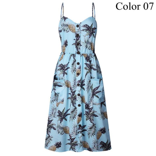 2019 Summer Women Button Decorated Print Dress Off-shoulder Party Beach Sundress Boho Spaghetti Long Dresses Plus Size FICUSRONG