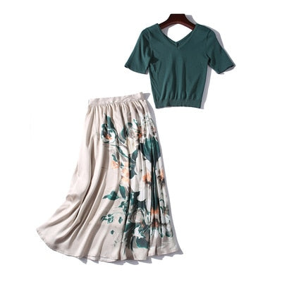 2019 Summer Women elegant knit sweater green slim pullovers Top + A-line floral print skirts suit female two piece set