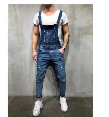 2019 Summer one-piece Denim Overalls Men's Hole Sling jeans feet Nine pants More size S-4XL 5XL 6XL