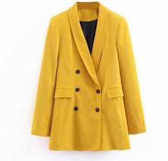 2019 Women Double Breasted Long Blazers Office Lady Small Suit Jacket Ladies Leisure Yellow Blazer Loose Coat Streetwear