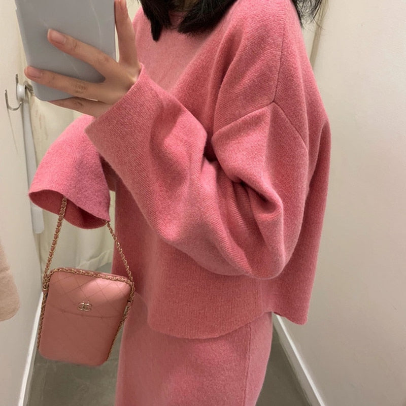 2019 Women Long Sleeve Pullover Sweater And Bodycon Skirt Two Piece Set Office Wear Knitted Outfits Sweater Skirt Suit Pullover