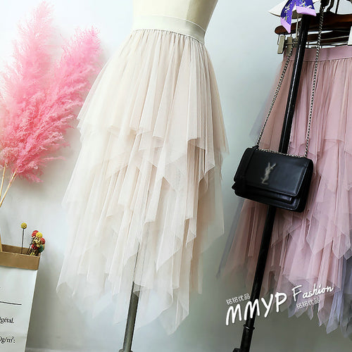 2019 Women Pink Skirt fashion Casual women's Irregular Tulle High Waist Pleated Tutu Ladies Midi Skirt  fairy Plus Size Skirts