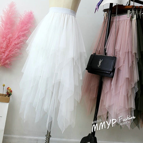 2019 Women Pink Skirt fashion Casual women's Irregular Tulle High Waist Pleated Tutu Ladies Midi Skirt  fairy Plus Size Skirts