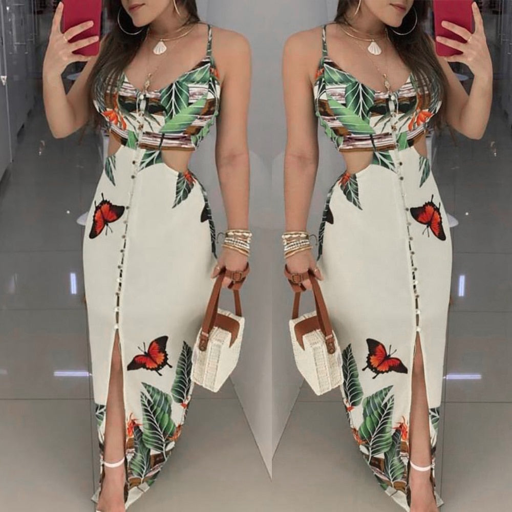 2019 Women Sex Hollow Out Butterfly Printed Long Dresses Women Fashion Clubwear Strap Bodycon Printed Beach Sundress Vestidos