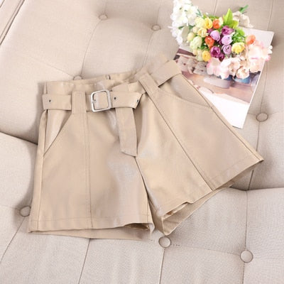 2019 autumn and winter leather shorts female new Korean version of high waist wide leg loose a word PU soft leather