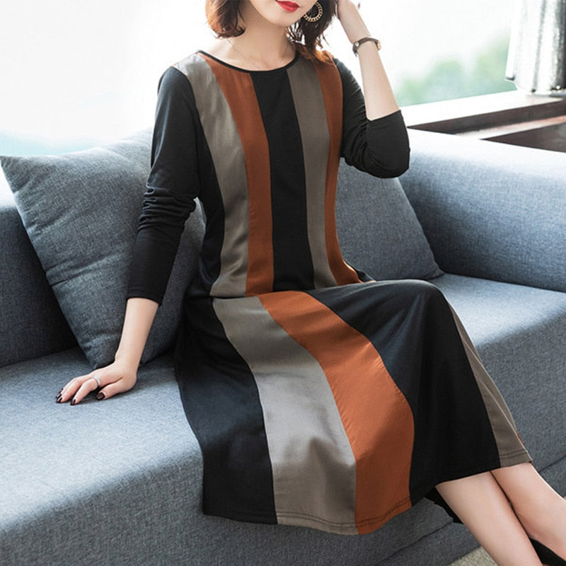 2019 autumn new contrast color printing long-sleeved A word  dress female large size M-3XL high quality elegance vestidos