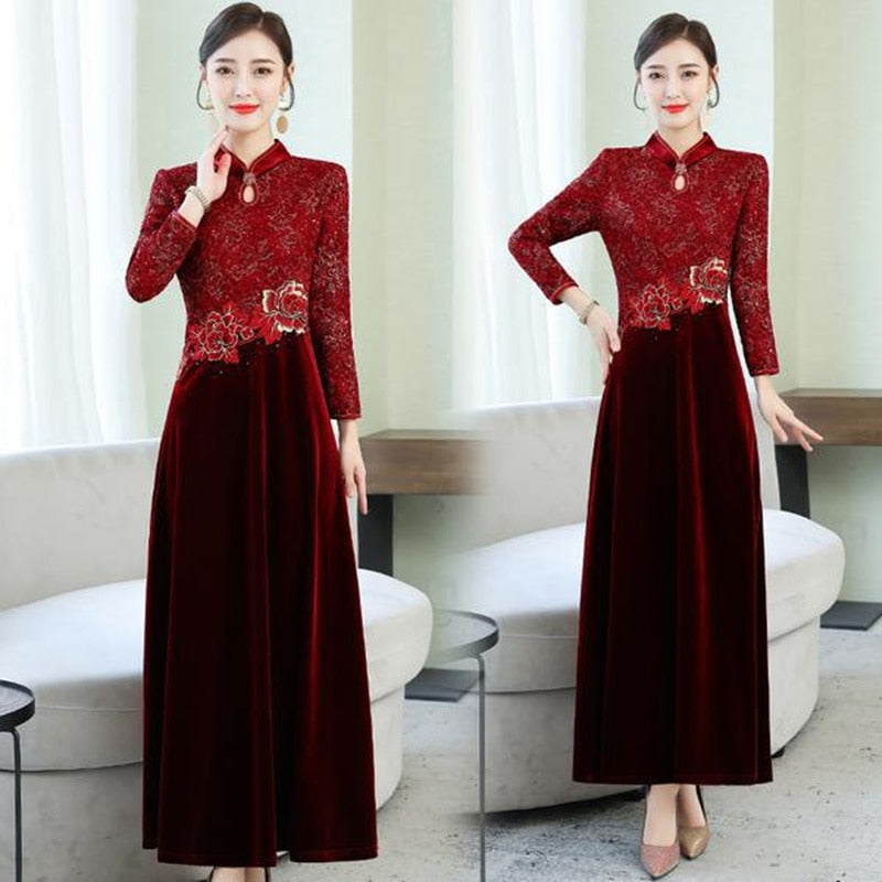 2019 autumn new gold velvet modified version cheongsam long-sleeved red dress female M-6XL high quality elegant Party vestidos