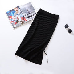 2019 autumn winter women new fashion elastic waist stretch knit skirt side split step skirt package hip Slim lace skirt