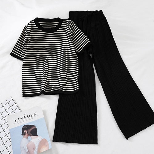 2019 fashion women's 2 piece set short-sleeved stripe sweater+ High-waisted wide-leg casual pants knitted suit sportswear women