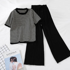 2019 fashion women's 2 piece set short-sleeved stripe sweater+ High-waisted wide-leg casual pants knitted suit sportswear women