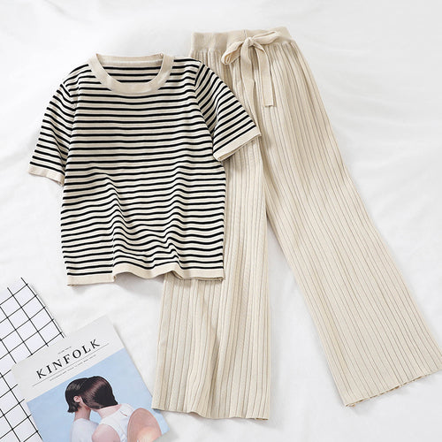 2019 fashion women's 2 piece set short-sleeved stripe sweater+ High-waisted wide-leg casual pants knitted suit sportswear women
