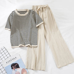 2019 fashion women's 2 piece set short-sleeved stripe sweater+ High-waisted wide-leg casual pants knitted suit sportswear women