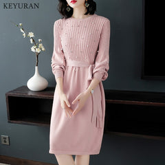 2020 Autumn New Lantern Long Sleeve Stretch Knitted Dress Bow Tie Up Pearl Beading Drill Elegant Pink Sweater Dresses Vestidos