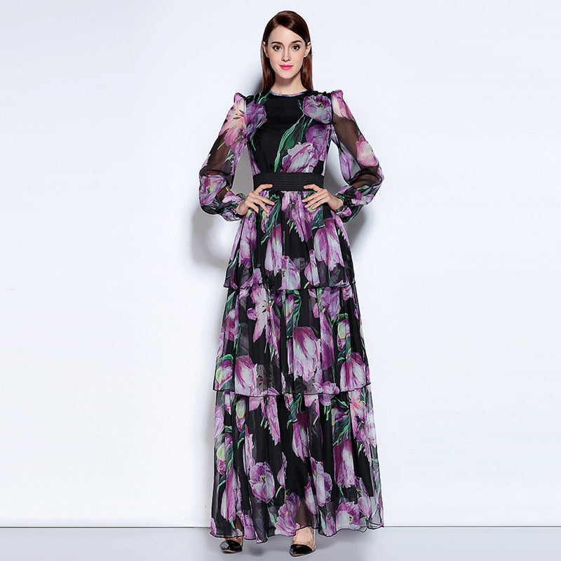 2020  Autumn Newest O-Neck Full Sleeve Bohemian Purple Tulip Print Expansion Temperament  Ankle-Length Fashion Long Dress Women