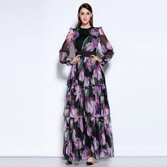 2020  Autumn Newest O-Neck Full Sleeve Bohemian Purple Tulip Print Expansion Temperament  Ankle-Length Fashion Long Dress Women